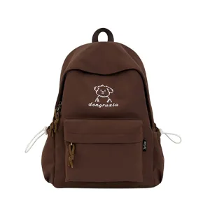 Brown cute embroidered bear canvas school backpack, large capacity student casual daily bag.