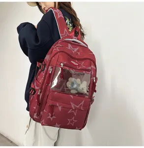 Grote schoolrugzak met sterrenprint en transparant voorvak voor studenten stijlvolle rode tas