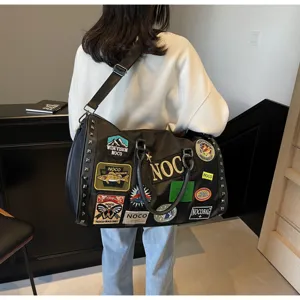 Μεγάλη τσάντα ταξιδιού με cool patches, μαύρη νάιλον τσάντα ώμου χιαστί για εξόδους