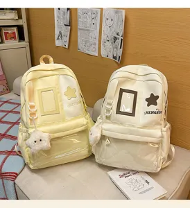 Japanese Harajuku style casual canvas student backpack with clear front pocket for daily use.