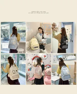 Joli sac à dos ita de style campus avec poche transparente et peluche pour les étudiants.