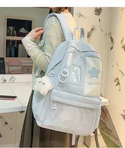 Detail view of Japanese Harajuku style large capacity student backpack with cute star decor.
