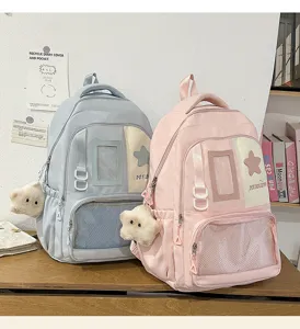 joli sac à dos ita de grande capacité style campus mignon avec fenêtre transparente et pendentif en peluche