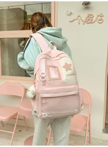 Pink cute Harajuku student backpack large capacity school bag with transparent pockets