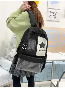 Detailed view of Japanese style Harajuku large capacity backpack with clear front pocket.