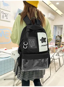 Detailed view of Japanese Harajuku style student backpack with transparent pocket and star design.