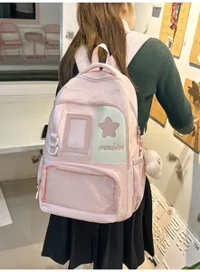Sac a dos d'ecolier rose mignon grande capacite sac de cours decontracte avec etoile et poches