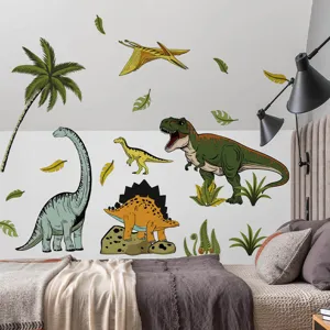Stickers muraux dinosaure chambre enfant, T-Rex dessin animé et palmier décors PVC amovibles