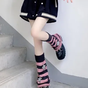 Knit leg warmers with star pattern y2k style striped socks cute aesthetic footwear accessories