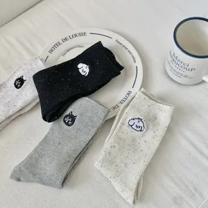 Autumn winter cute cat embroidered crew socks women colorful flecked casual knitted hosiery