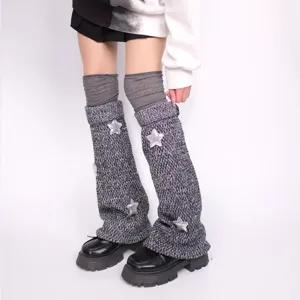 Star knit leg warmers for women, casual slouch socks with cute star details, cozy Y2K style.