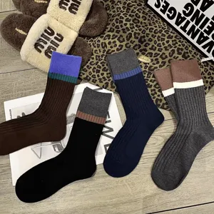 Women Retro Color Block Striped Mid Calf Socks Korean Style Casual Autumn Winter Cotton Hosiery