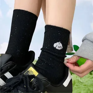 Women winter black mid tube socks cute cartoon embroidered casual stackable hosiery