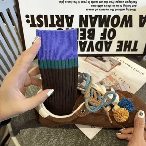 Women retro color block striped mid tube socks casual autumn winter cozy fashion hosiery