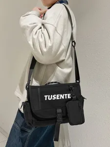 Bolso bandolera informal de lona para hombres y mujeres, elegante bolso negro con bolsillos.