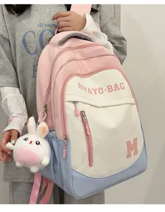 Farbblock großer Kapazität Studenten Schulrucksack mit süßem Plüschhasen Anhänger für Schule.
