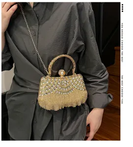 Detailed shot of the luxury rhinestone fringe evening bag with elegant chain and pearl clasp.