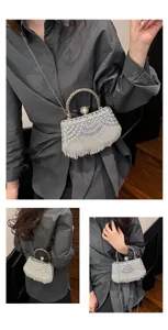Details of luxury rhinestone fringe evening bag, showing sparkly crystals and pearl clasp closeups.