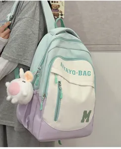 Modischer farbblockierender großer Kapazität Schüler Schulrucksack mit Hasen Anhänger