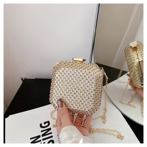Squisita borsa a tracolla mini a catena in rete dorata da donna, elegante pochette da sera.