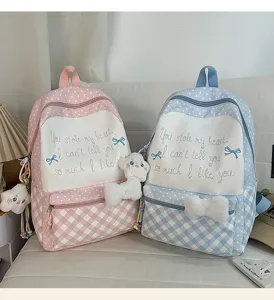Niedlicher japanischer Karierter Schulrucksack für Mädchen, großer Kapazität Ästhetischer Rucksack.