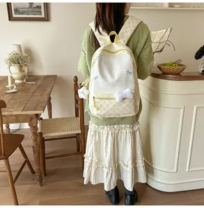 Japanischer Stil süßer Karomuster Canvas Rucksack große Kapazität Mädchen Schultasche