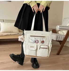 Borsa a tracolla stile Harajuku in tela con finestra trasparente e ciondolo orsetto.