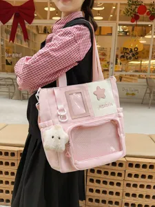 Beau sac à dos d'étudiant Ita en toile rose grande capacité avec poche filet et belle peluche