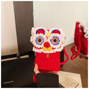 Handmade crochet lion dance phone bag cute red winter cross body bag for kids children
