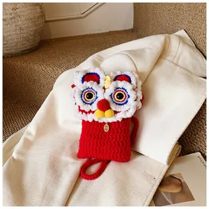 Cute cartoon lion knit mobile phone bag for kids, winter warm crossbody shoulder bag.
