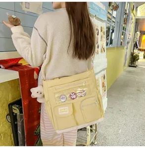 Borsa ita in tela stile Harajuku per studenti con finestra trasparente e tasche.