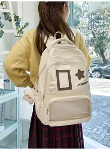 Détails du grand sac à dos scolaire style campus mignon avec poche en filet et fenêtre badge.