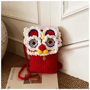 Cute handmade crochet lion dance phone bag detail, knitted crossbody shoulder bag for kids and family.