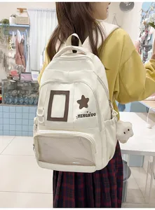 Joli sac à dos de style campus grande capacité itabag pour étudiante avec poche transparente.