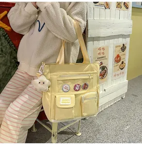 Borsa a tracolla in tela gialla Harajuku borsa da studente con finestra trasparente.