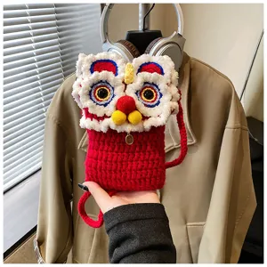 Cute Chinese lion dance crochet phone bag red crossbody bag mini knitted shoulder bag for kids