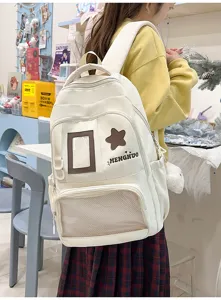 Sac à dos de grande capacité blanc avec poche avant et fenêtre en résille pour école