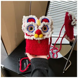 Cute Chinese lion knit crossbody phone bag for kids winter handmade wool shoulder pouch.