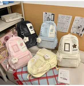 Japanese style student school bag large capacity canvas backpack with cute star pendant.