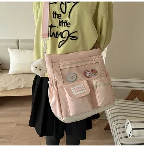 Borsa a tracolla in tela rosa stile Harajuku multi tasche simpata borsa studente.