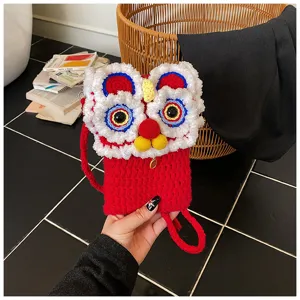 Cute knitted lion dance phone bag for kids, red handmade crossbody shoulder bag, winter daily accessory.