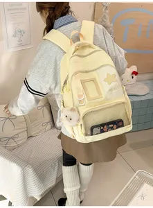 Détail de sac à dos ita de grande capacité style campus mignon, poche avant transparente.