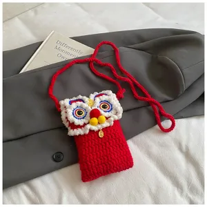 Cute knitted lion crossbody phone bag for kids, handmade crochet winter daily shoulder bag.