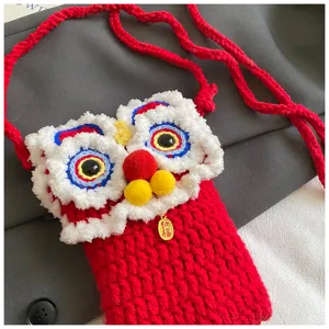 Cute handmade crochet lion dance phone bag, winter knitted crossbody bag for kids and adults.