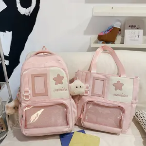 Détail de l'ensemble sac à dos Ita rose et cabas, joli sac d'étudiant avec poche transparente.