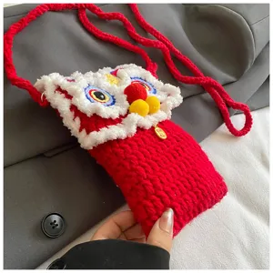 Cute knitted lion dance cross body phone bag for kids, winter red plush shoulder bag.