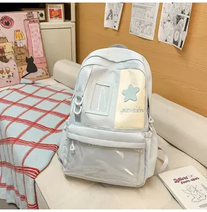 Japanese style Harajuku large capacity student backpack detail view with clear pocket and star badge