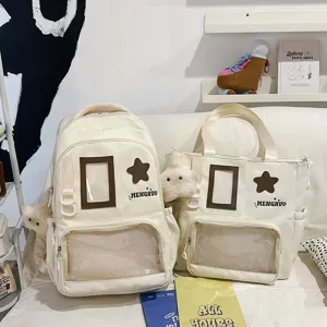 Vue de détail du sac à dos scolaire et du sac cabas de style ins japonais de grande capacité.