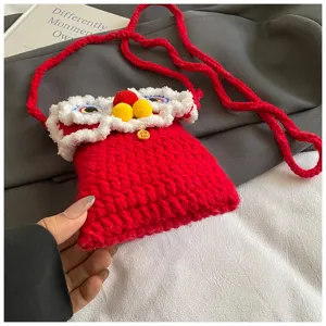 Handcrafted red knitted lion dance crossbody bag for kids cute phone bag winter warm