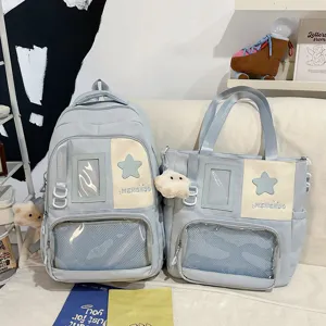 Grand sac à dos d'étudiant de style ins japonais et ensemble de cabas avec fenêtre transparente.